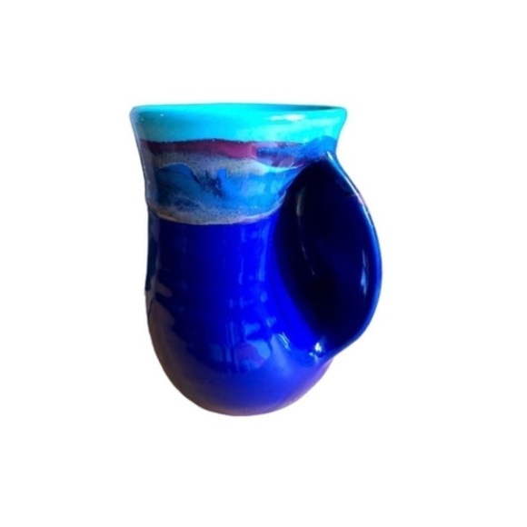 Neher Studio Pottery Clay in Motion Hand Warmer Mug Signed teal blue drip glaze - Picture 1 of 4